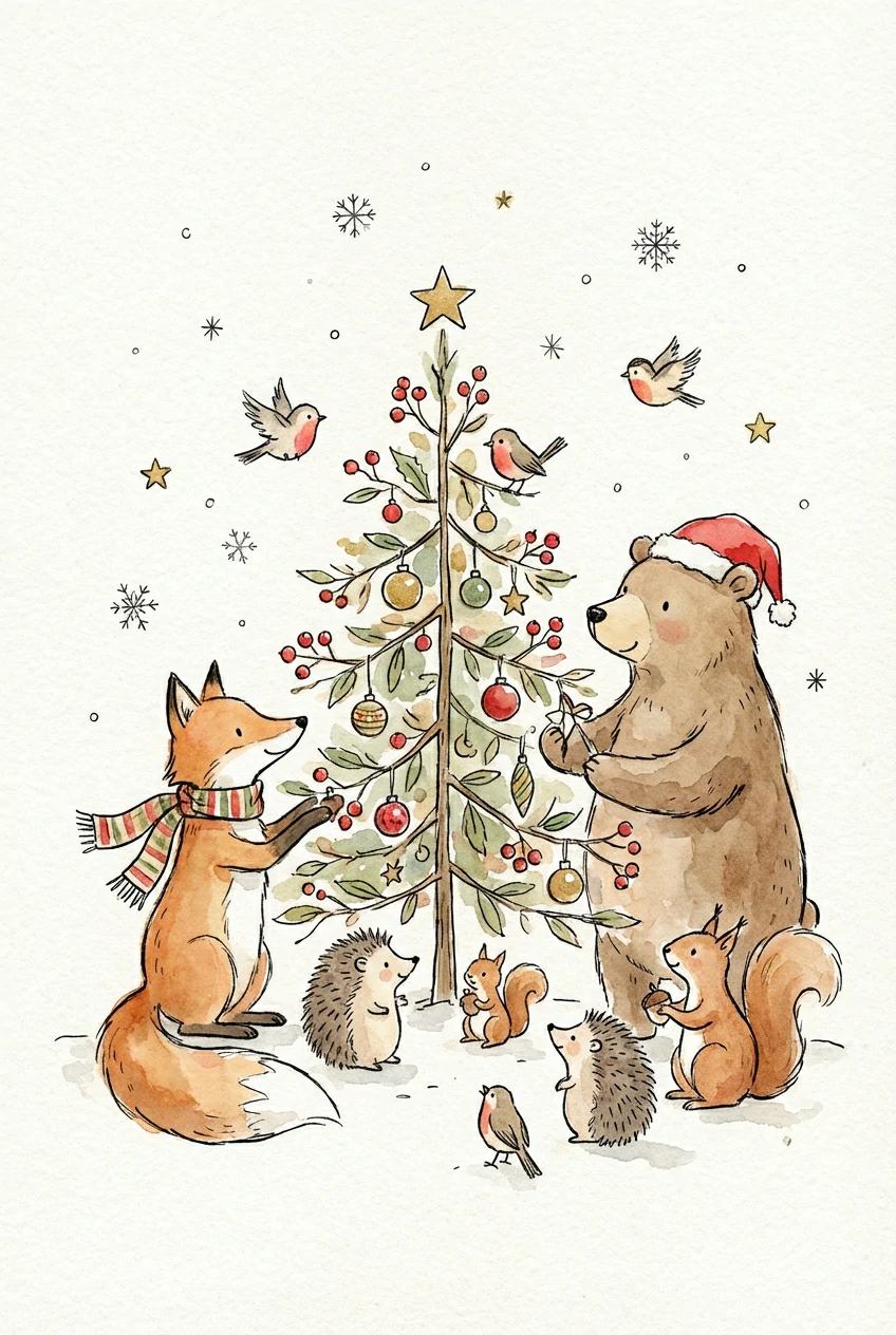 Watercolor illustration of woodland animals decorating a Christmas tree in the snow, including a fox, Santa-hat bear, squirrels, and hedgehogs.