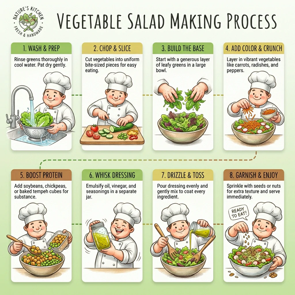 Illustrated 8-step infographic showing a cartoon chef making a vegetable salad, from washing greens and chopping veggies to whisking dressing and serving.