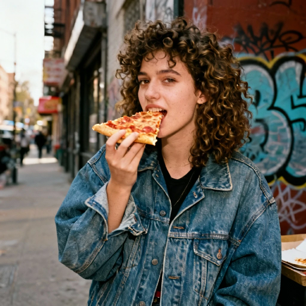 Candid 35mm street photography of a young woman with curly hair wearing a denim jacket, taking a bite of a pepperoni pizza slice on a city sidewalk.