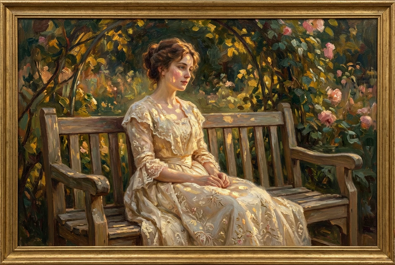 Framed impressionist oil painting of a woman in a vintage white lace dress sitting gracefully on a wooden bench in a sunlit romantic rose garden.