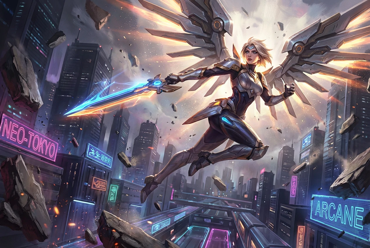 Dynamic digital illustration of a female warrior with mechanical wings and a glowing sword flying through a futuristic cyberpunk city with neon signs.