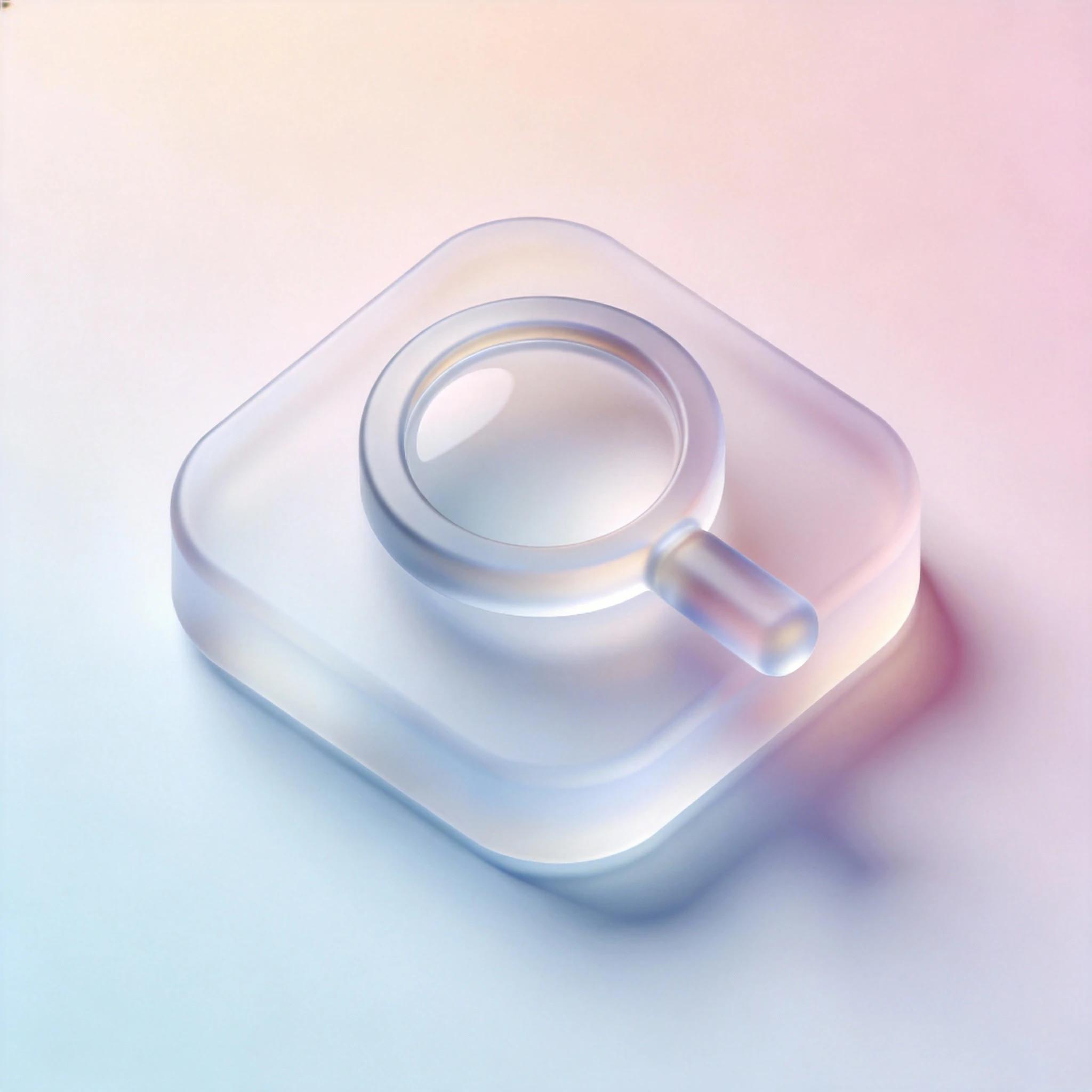 Minimal 3D app icon of a translucent frosted-glass magnifying glass on a rounded square glass tile, lit with soft blue and pink pastel reflections.