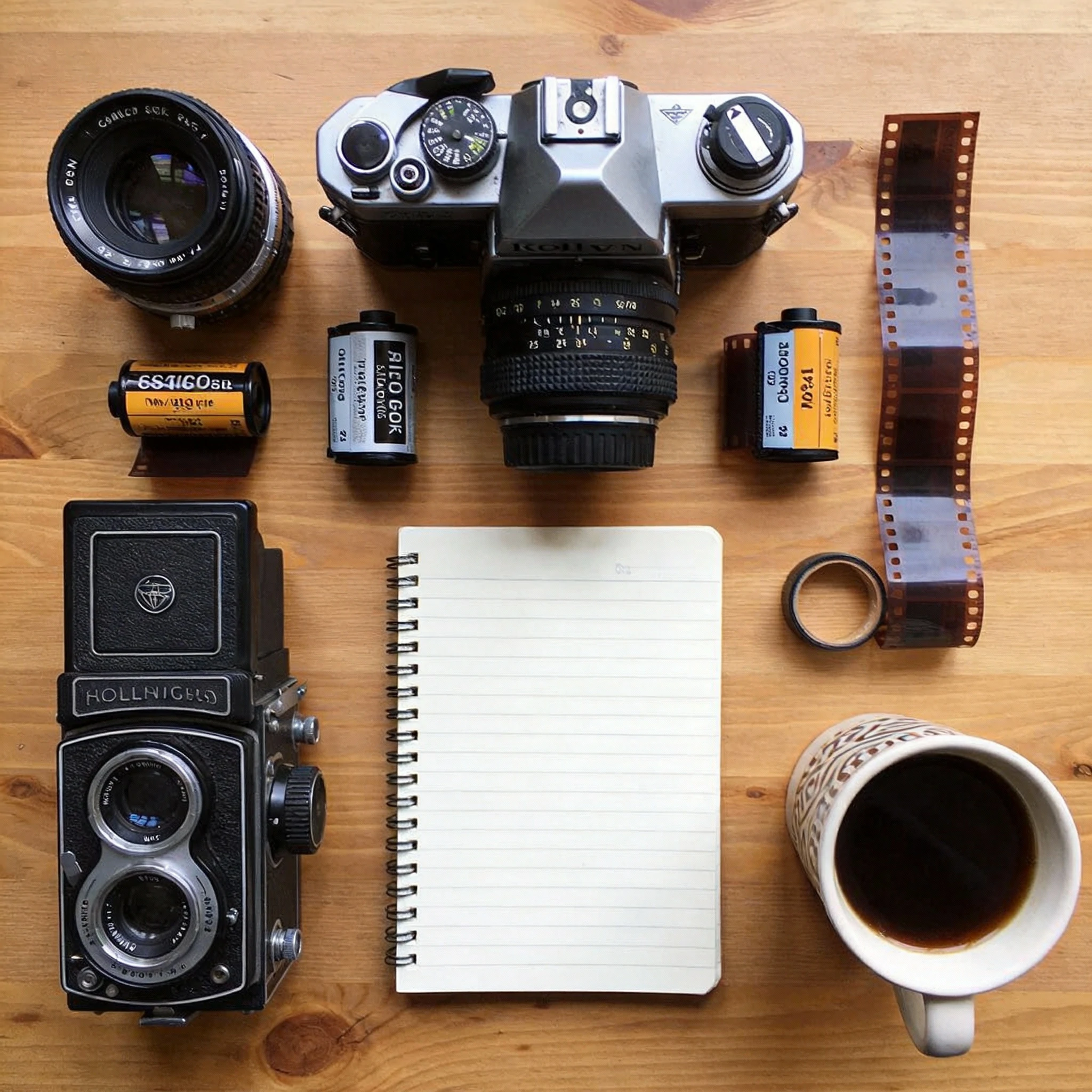 Vintage-style flat lay photograph from above of analog cameras, including a film SLR and TLR, film canisters, a notebook, and a cup of coffee on a wooden table.