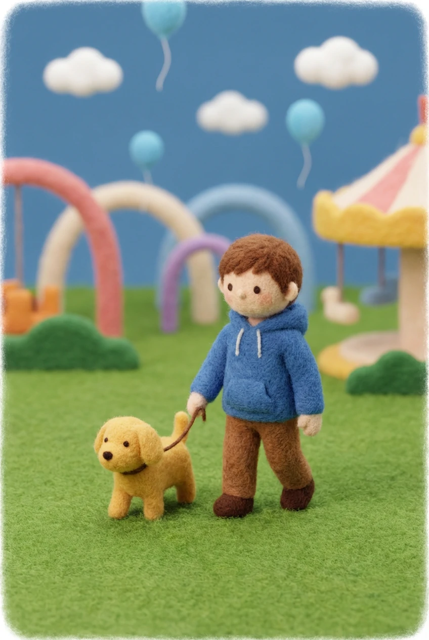 Felt craft diorama showing a felt-textured boy in a blue hoodie walking a small yellow dog through a colorful park with rounded arches, clouds, balloons, and a carousel.
