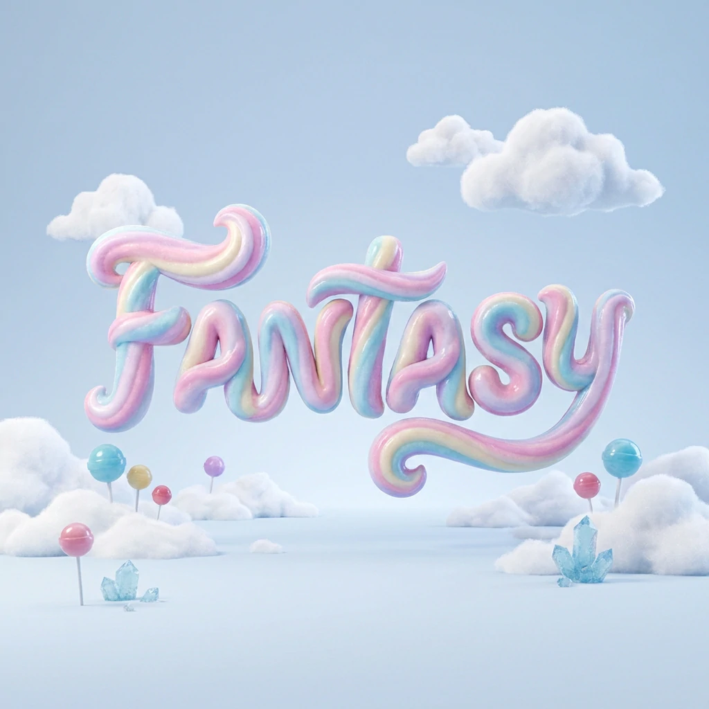 Glossy pastel 3D lettering spelling "Fantasy" above a sky-blue candy landscape with fluffy clouds, colorful lollipops, and blue crystal clusters.