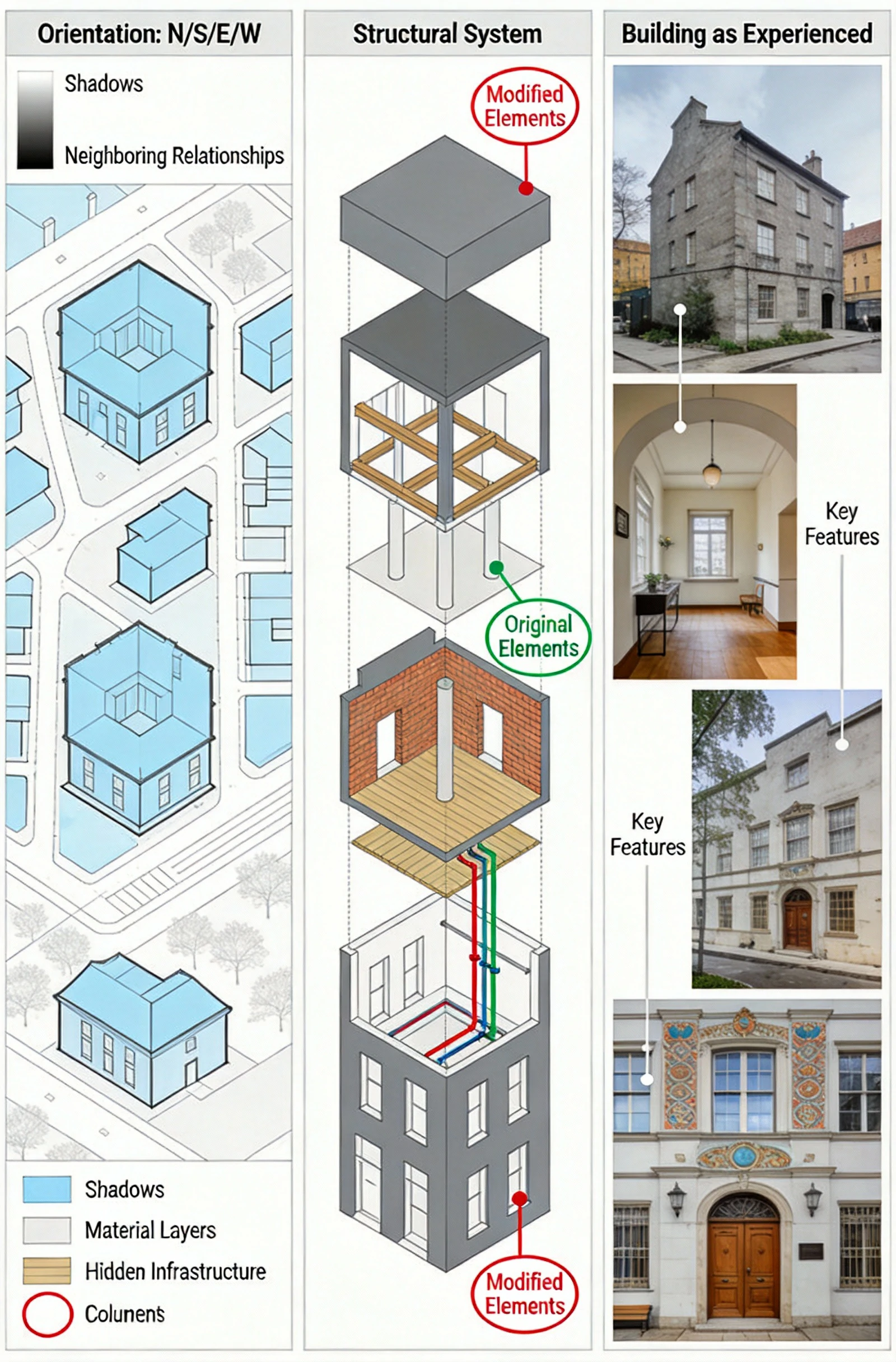 Architectural infographic showing building orientation, a 3D exploded view of structural and material layers, alongside reference photos of the exterior and interior.