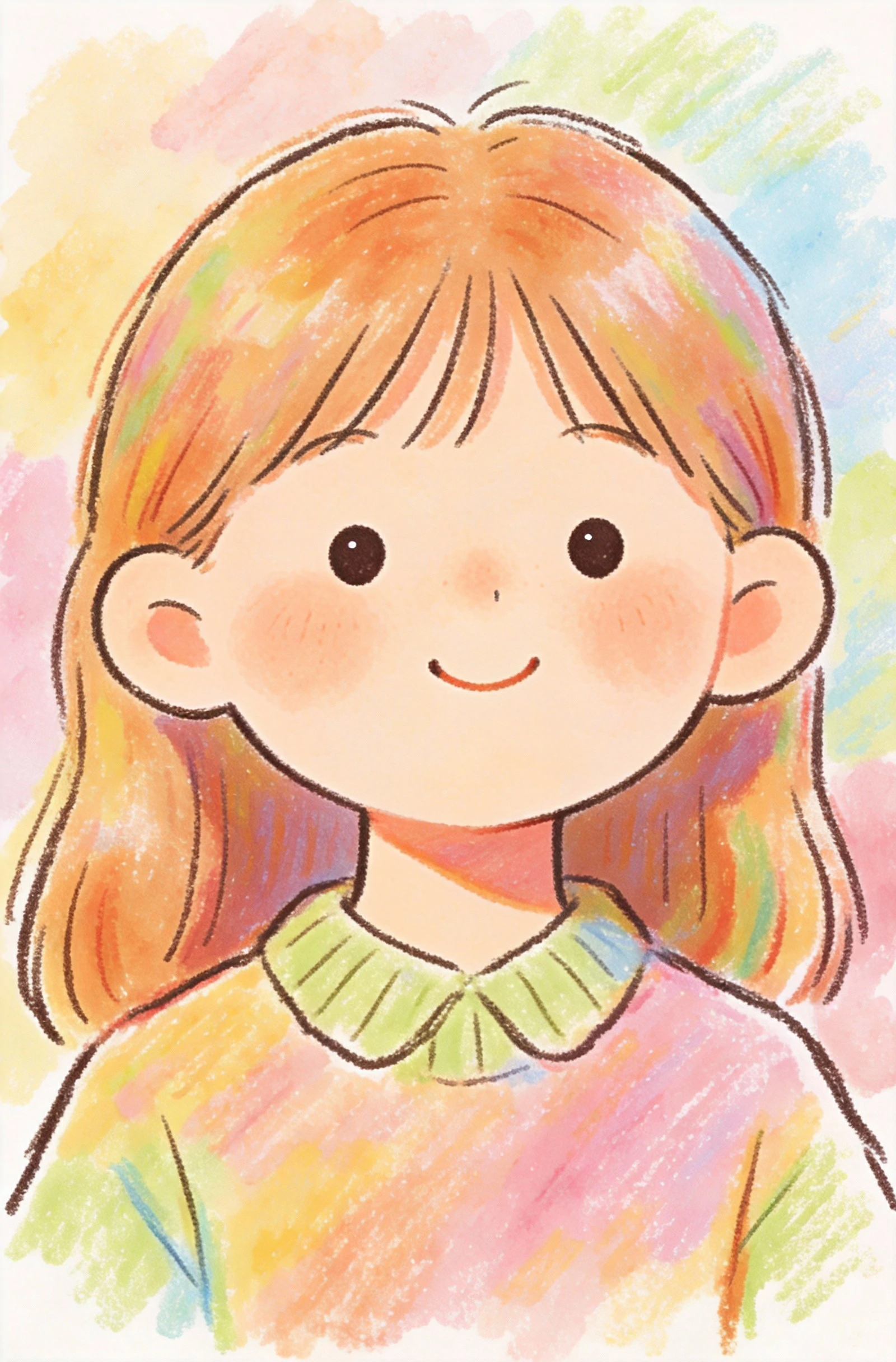 Colored-pencil storybook portrait of a smiling girl with orange hair, dot eyes, rosy cheeks, a green collar, and a pastel sweater against loose rainbow scribbles.