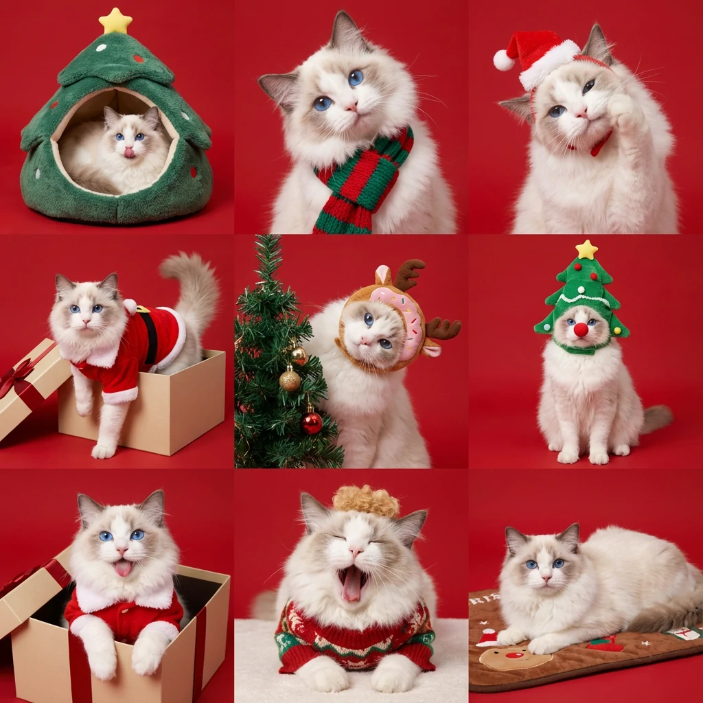 A 3x3 Christmas photo grid of the same blue-eyed Ragdoll cat posing in a tree-shaped bed, Santa outfits, gift boxes, festive headwear, and a holiday sweater.