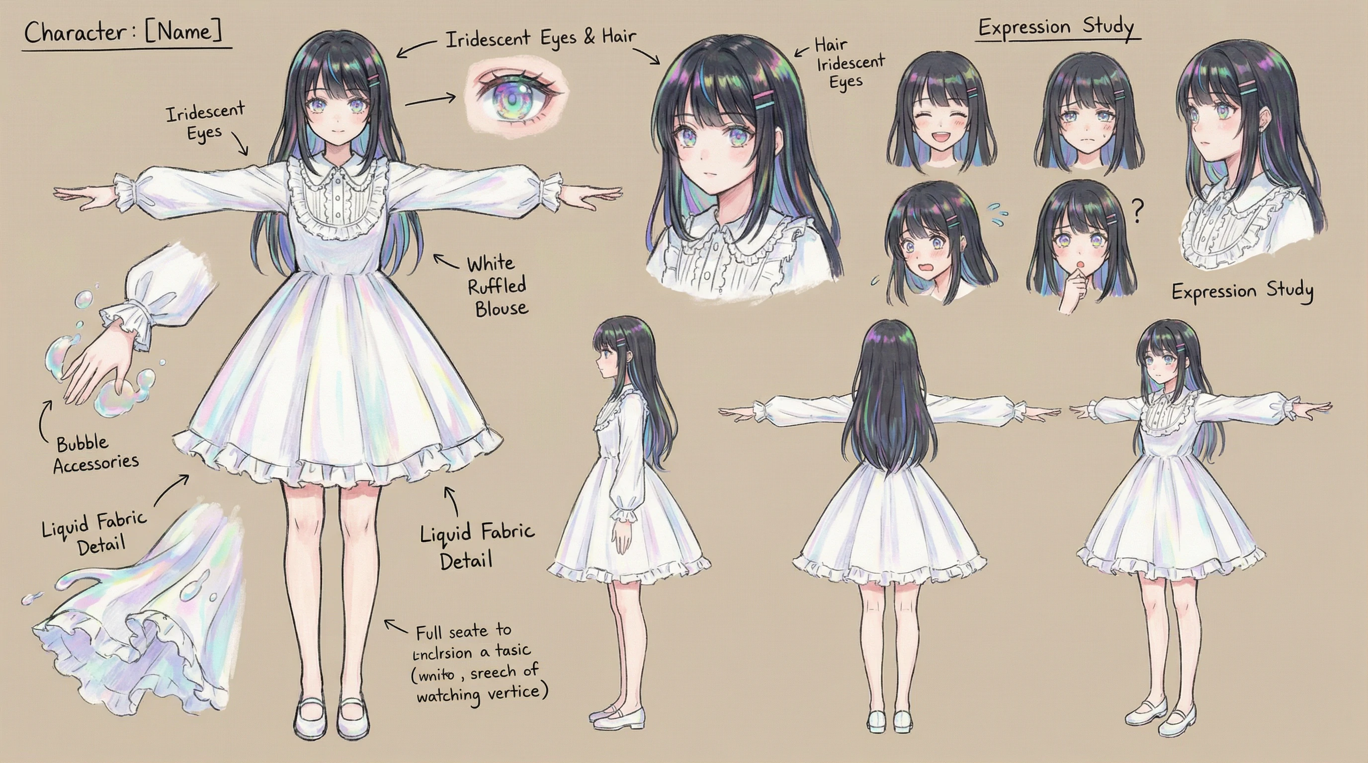 Anime character reference sheet of a dark-haired girl in a white ruffled dress, with full-body turnarounds, expression studies, eye and hair details, and fabric callouts.