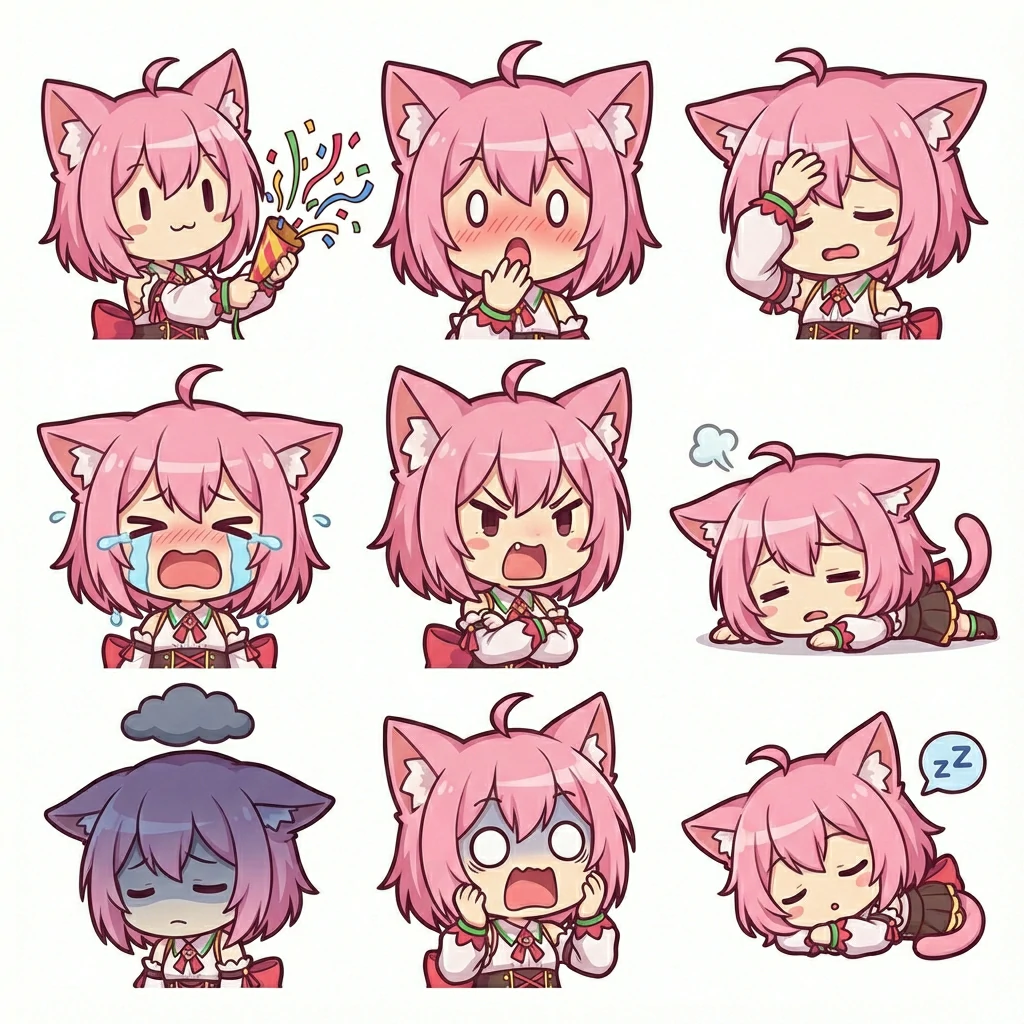 A 3x3 chibi sticker sheet of a pink-haired cat-ear girl celebrating, giggling, facepalming, crying, shouting, collapsing, feeling gloomy, looking shocked, and sleeping.