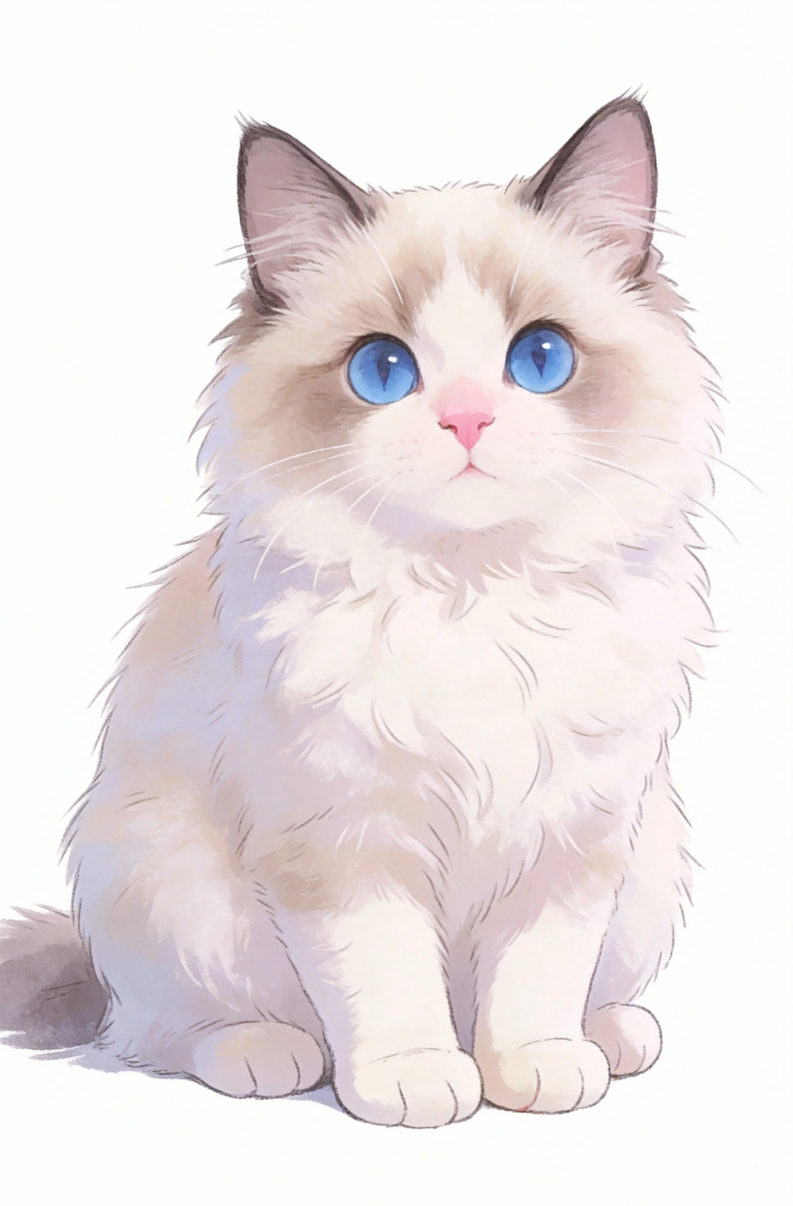 Soft watercolor portrait of a seated fluffy Ragdoll kitten with cream fur, dark ears and tail, a pink nose, and large blue eyes on white.