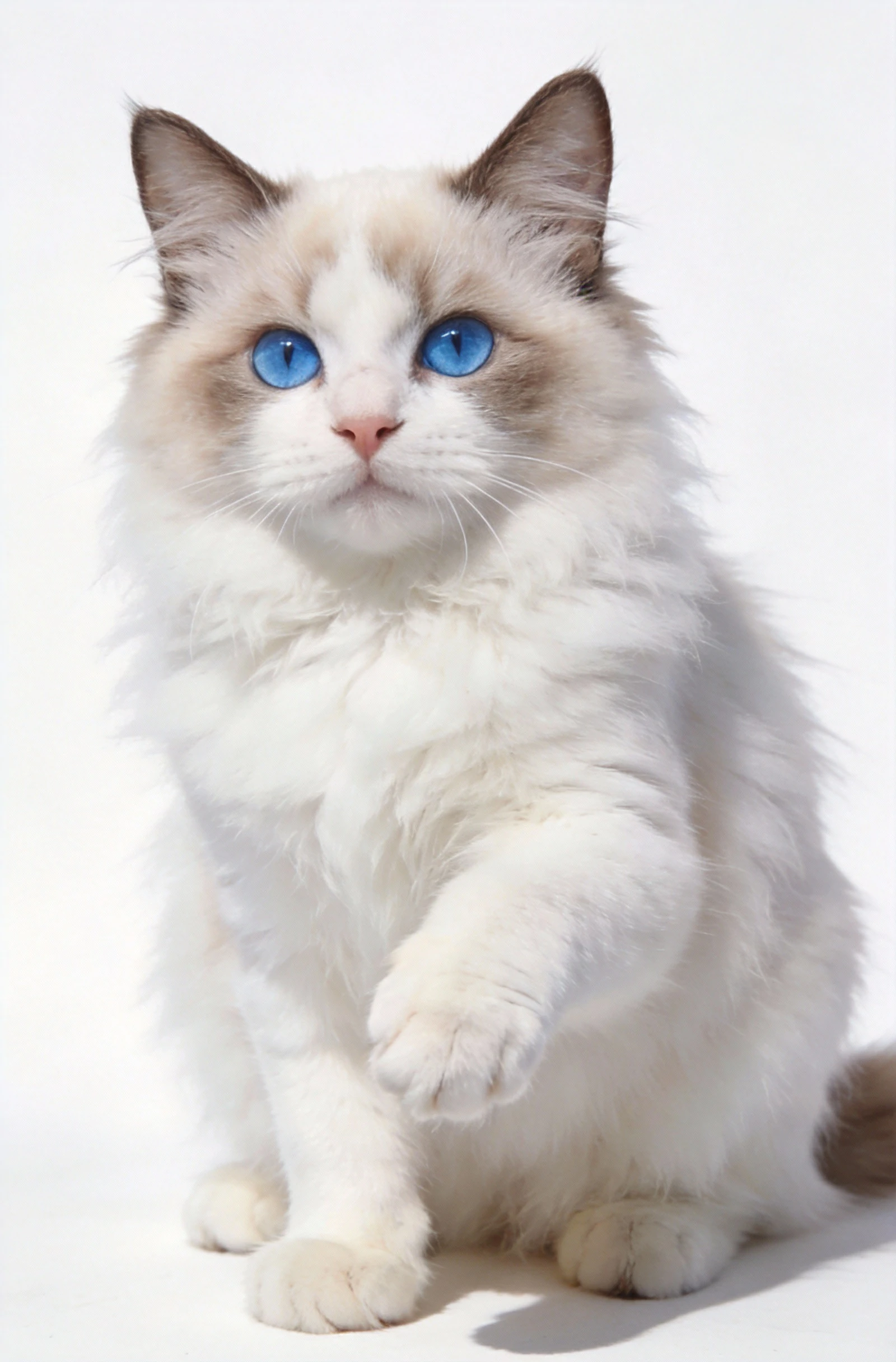 A high-resolution, photorealistic studio portrait of a fluffy bi-color Ragdoll cat with striking bright blue eyes, raising one paw against a clean white background.