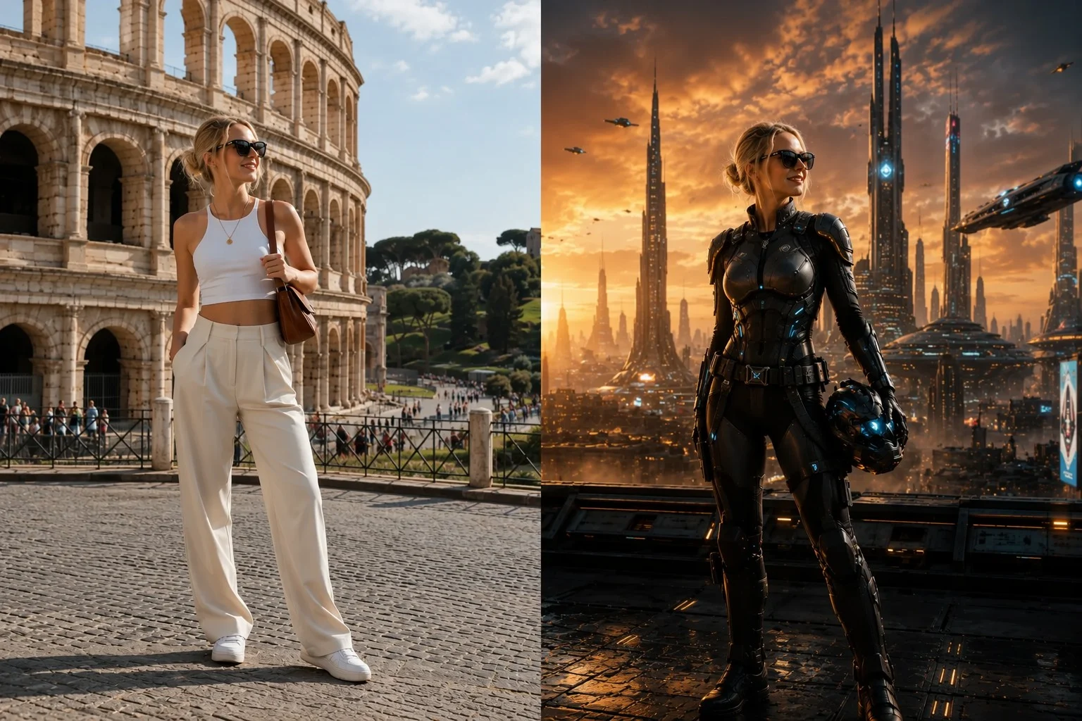 Before and after AI art transformation comparison. Left: Blonde woman wearing white tank top and beige trousers sightseeing at Roman Colosseum on sunny day. Right: The same woman in detailed black fut