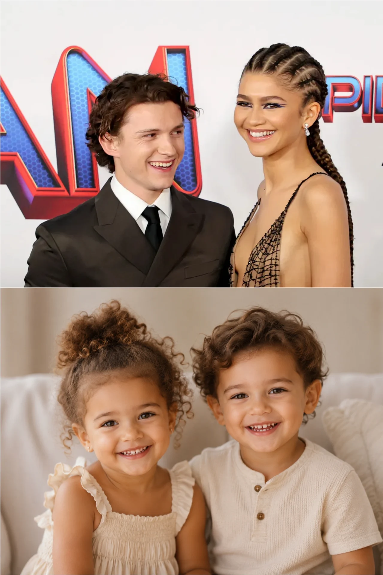 AI generated future baby portrait combining a couple's facial features, showing a realistic boy and girl child with natural lighting and family photography style.
