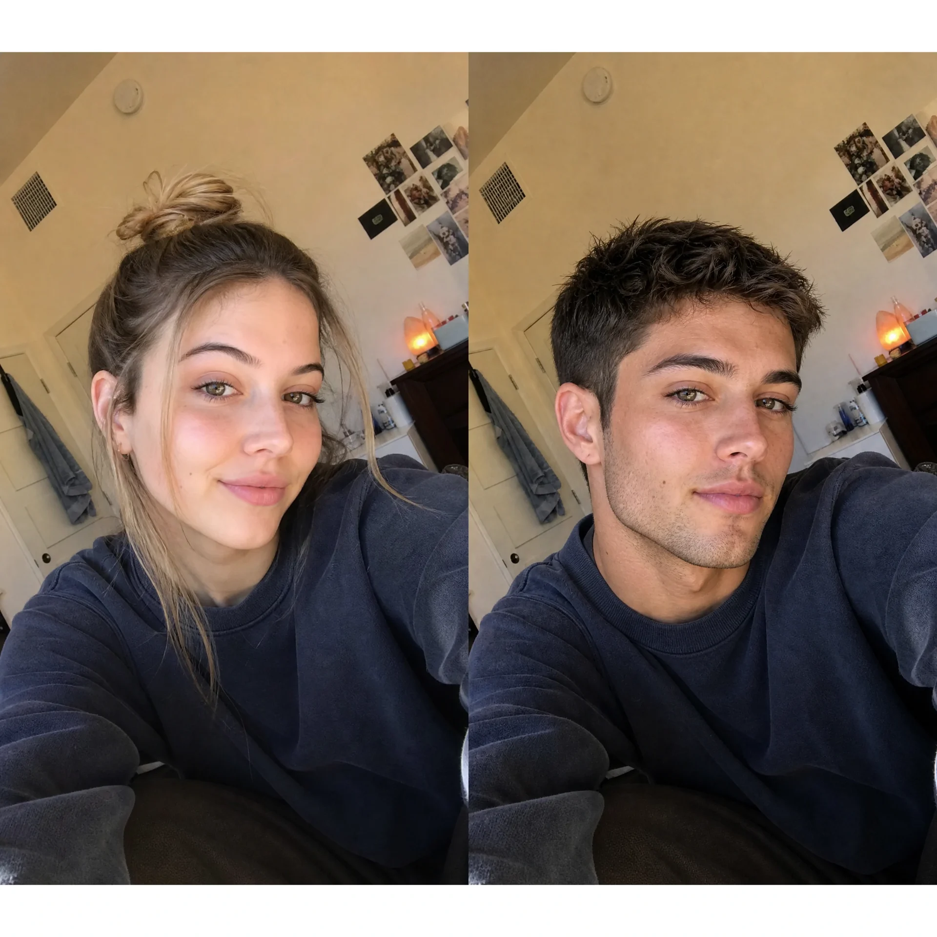 AI gender swap filter result showing a woman transformed into a man with the same eyes and facial proportions, side-by-side comparison
