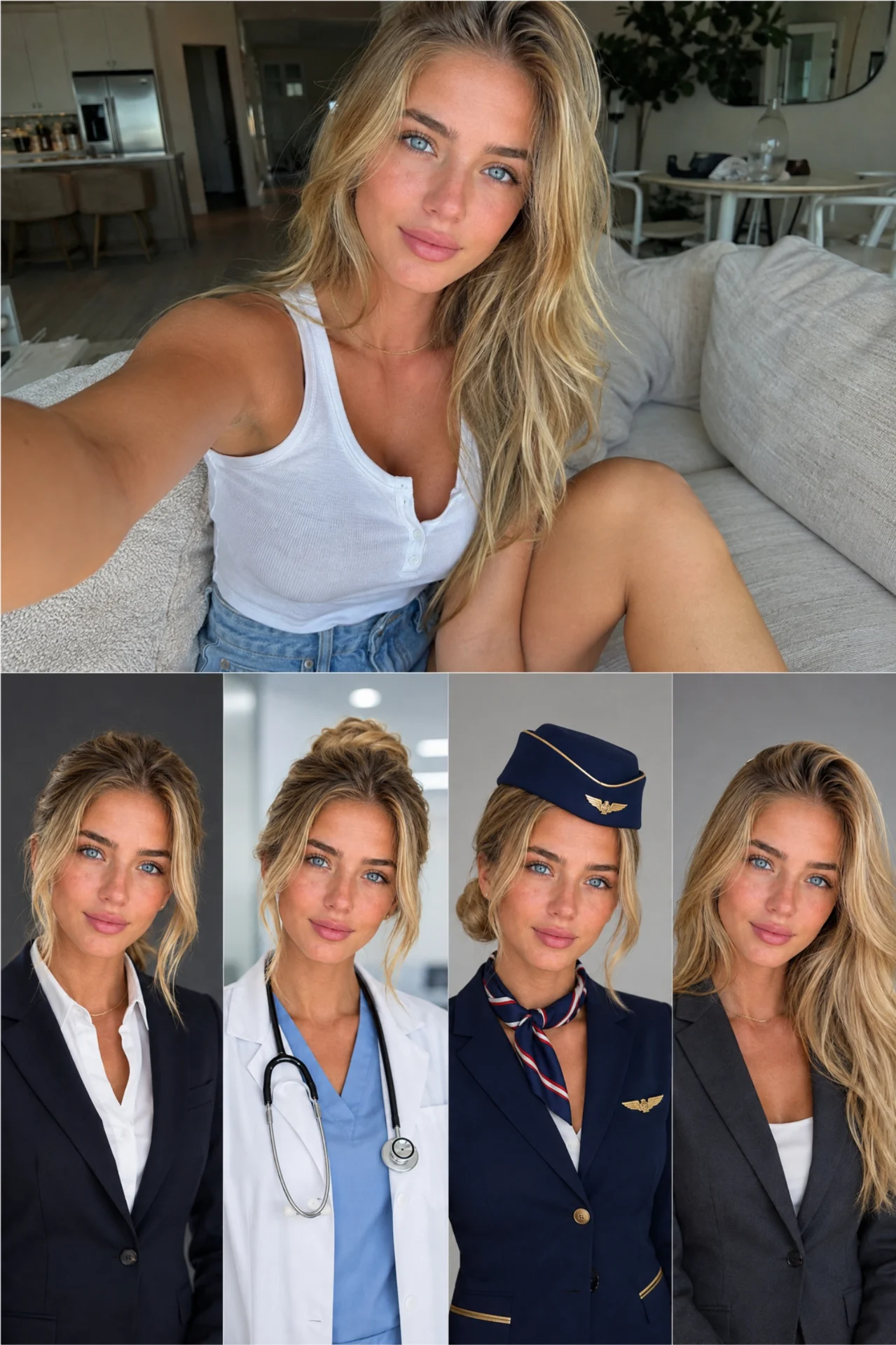 One‑click outfit change for professional headshots, transform selfie into lawyer, doctor, flight attendant and business suit corporate portrait