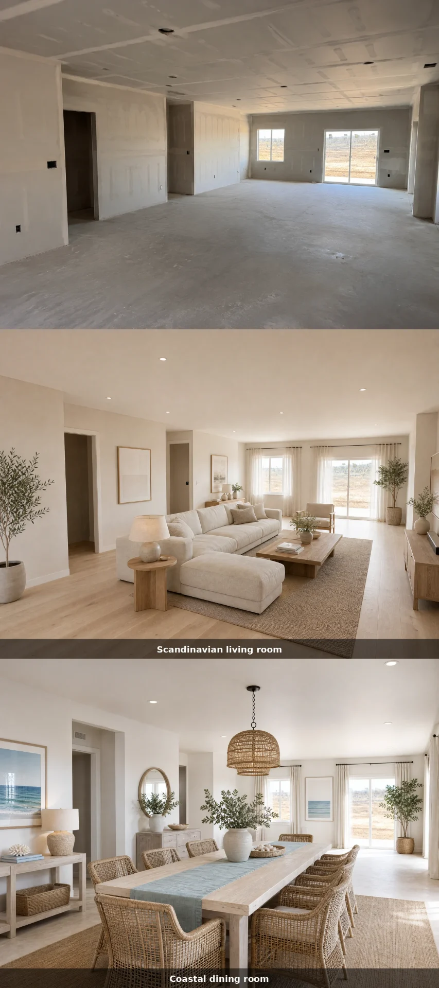 Home renovation before and after, empty unfinished room transformed into scandinavian living and coastal dining room