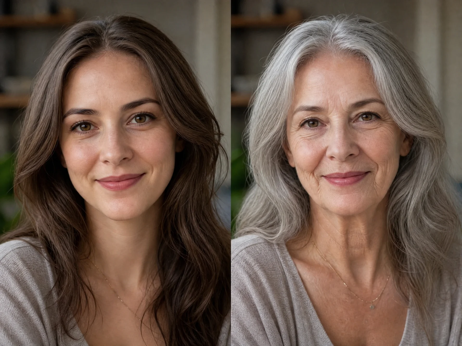 AI aging filter showing a young Caucasian woman transformed into her future older self with realistic wrinkles, gray hair, and AI face aging technology