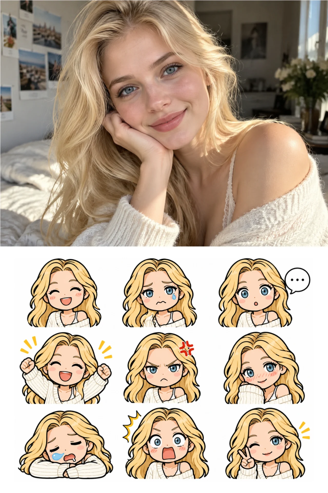 3 by 3 grid chibi girl chat sticker sheet, nine different expression cartoon stickers, flat illustration for messenger chat emoji, white background